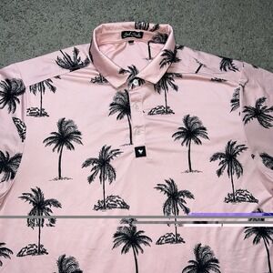 Bad Birdie Men's Polo Shirt XL Pink Palm Tree Tropical Golf Stretch